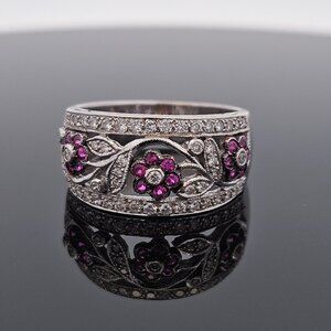 LeVian 18K White Gold Ruby Flower Diamond Wide Band Cocktail Ring Size 10